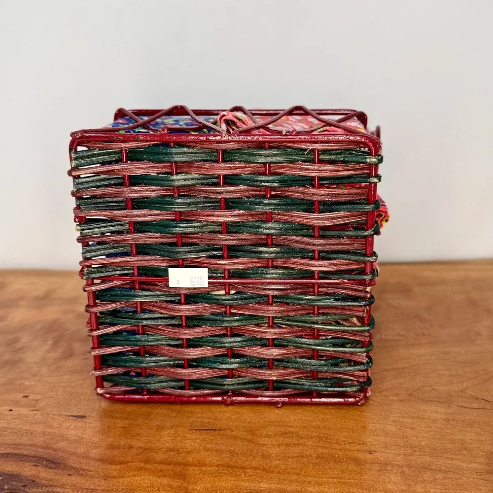 Vintage Floral Calico Cloth Napkins Set of 12 with Wire Wicker Caddy Red Blue